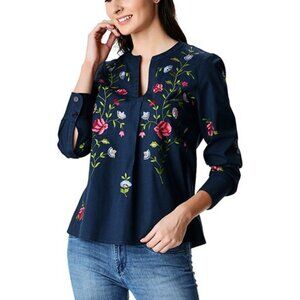 WAYWARD FANCIES eShakti Floral Embroidered Cotton Poplin Tunic Blouse Size L-12